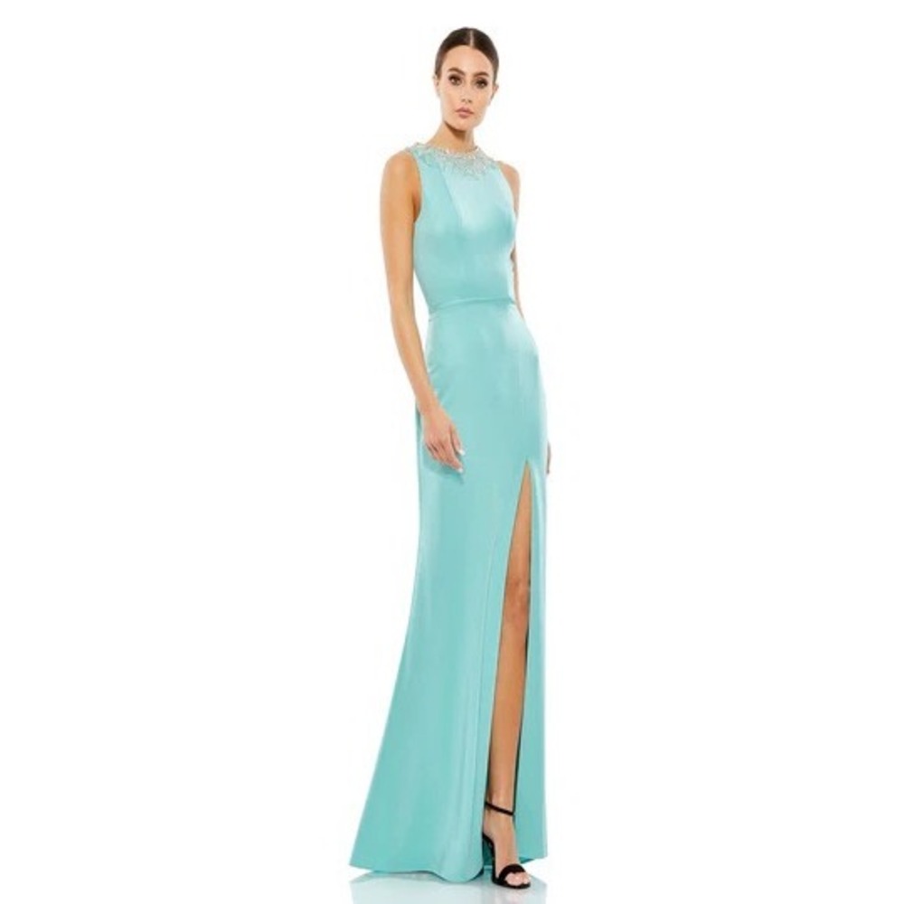 Mac Duggal Aqua Blue Crystal Embellished Neckline Slit Column Gown 26516 New Sz0